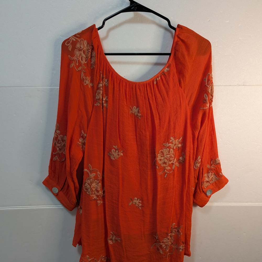 Women's Orange Fig And Floral  Button-Up Top